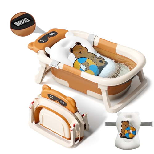 COOSEYA Collapsible Baby Bathtub for Infants, Baby Bath Tub with Cushion and Thermometer, Newborn to Toddler Portable Travel Multifunctional tub 0-2 Years (Brown)