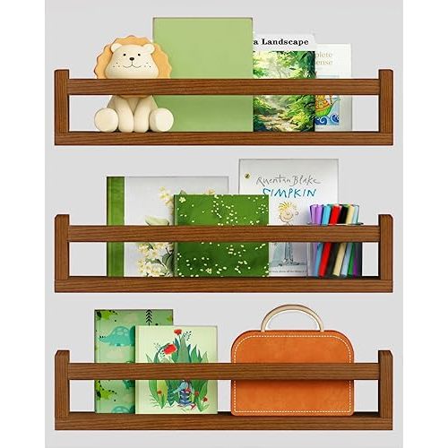 Harwaya Walnut Brown Nursery Book Shelves Wall Mounted, Wooden Floating Bookshelf for Kids Room Bedroom, Dark Wood Nursery Bookshelves for Kitchen Classroom Playroom (Solid Pine, 3-Pack)