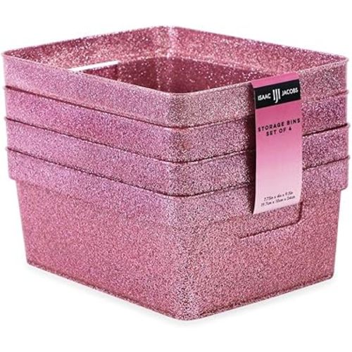 Isaac Jacobs Small Glitter Storage Bin (10” x 7.5” x 4.25”) Set w/Cut-Out Handles, Plastic Organizer, Multi-Functional, Home Storage Solution, Kids Playroom, Bedroom, Closet (4, Pink)