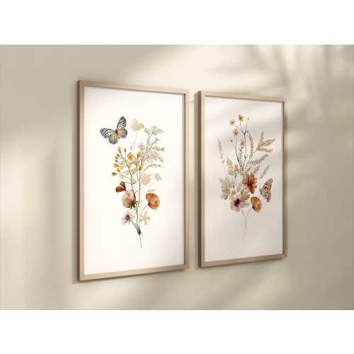 Set of 2 Wildflower Floral Art Prints with Butterflies