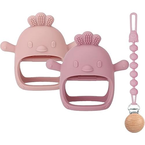 3 Packs Baby Teether Toy for 0-6 6-12 Months,Hold & Wear,BPA Free,Food Grade Silicone Teething Mitten, Anti Dropping Wrist Hand Teethers Baby Chew Toys for Sucking Needs(Pink & Dark Pink)