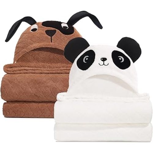 Toddler Hooded Bath Towel Age 1-5,2-Pack Thick Absorbent Bath Towel Boys & Girls, 50"x32"Large Size Ultra Soft with Hood Panda Puppy,Baby Bath Essential for Infant and Children, Brown & White