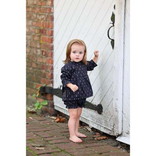 Baby Girls Vintage Victorian Ruffle Trim Peplum Top & Bloomer 2-Piece Set, Navy - Maniere | Maisonette