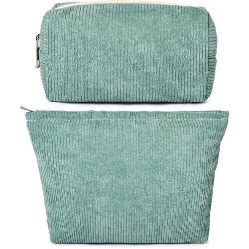 2 Pieces Makeup Bag Large Corduroy Cosmetic Bag Capacity Canvas Mix Travel Toiletry Bag Organizer Cute Makeup Brushes Aesthetic Accessories Storage Bag for Women, Corduroy Mix Green