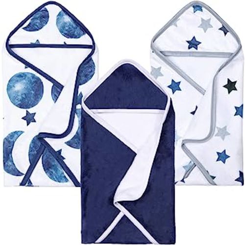 Buryeah 3 Pack Flannel Baby Blue Moon Hooded Toddler Towel Dark Blue Star Baby Hooded Towels Space Baby Absorbent Hooded Beach Towel for Newborns Baby Boys Girls Essentials