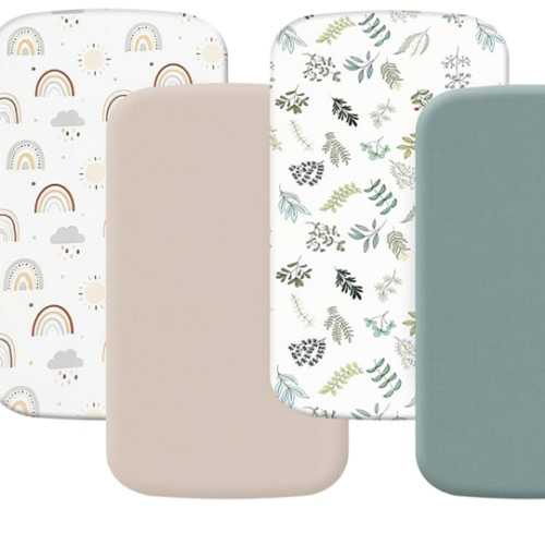 4 Pack Bassinet Fitted Sheets Compatible with 19" x 33" Koolababy/Koolerthings, Cowiewie and IKOMZY Baby Bassinet, Soft and Skin-Friendly, Mint Green and Color Rainbow