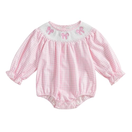 Lamuusaa Newborn Baby Girl Clothes Long Sleeve Smocked Romper Bow Embroidery Plaid Bodysuit Shirts Fall Outfits 0-18M