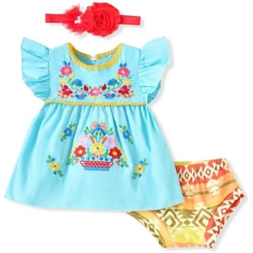 HINTINA Newborn Baby Girl Embroidery Mexican Dress and Shorts Set Ethnic Wear