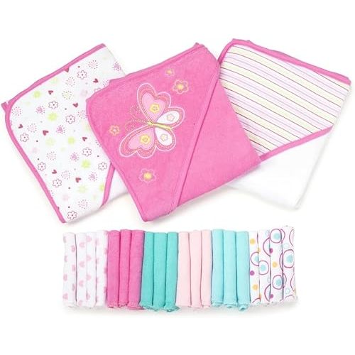 Spasilk Bath Hooded Towels & Washcloths Set for Babies, 23-Piece Gift Set, Pink Butterfly, (Gift GBA23 07)
