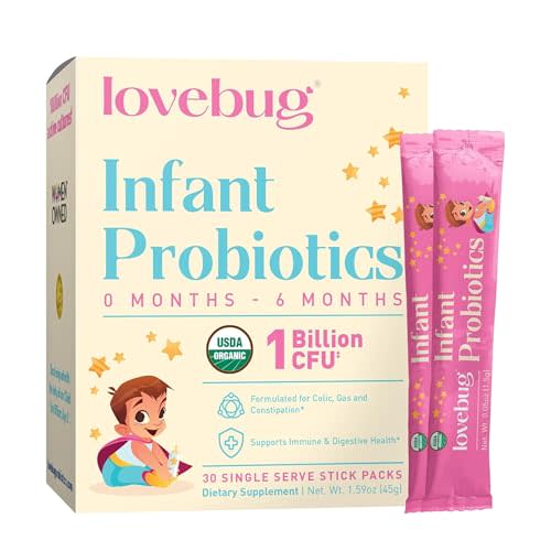 Lovebug Infant Probiotics 0-6 Months - USDA Organic Probiotics for Babies, Supports Baby Gas, Colic, Reflux, Diarrhea and Newborn Constipation Relief, Allergen & Sugar Free, Tasteless Powder, 30 Pack