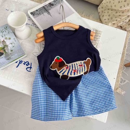 Kid 2-Piece Dachshund Patch Plaid Sleeveless Set