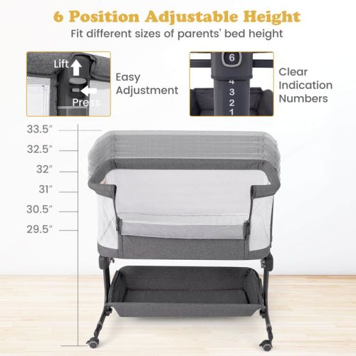 Infans Baby Bassinet Bedside Sleeper, Easy Folding Portable Crib with Wheels, 6 Adjustable Heights, Storage, Mattress & Carry Bag, Gray
