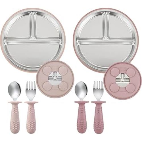 PandaEar 2 Pack Stainless Steel Baby Suction Plates & 2 Pack Spoons and Forks Set, Toddler Utensils Baby Feeding Set, Divided Plates for Baby Led Weaning Supplies, BPA-Free (Pink)