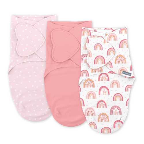 SwaddleMe by Ingenuity Monogram Collection Baby Swaddle, 100% Cotton, 0-3 Months, Pocket Fold Design for Easy Changes, 1.0 TOG, 3-Pack - Rainbow