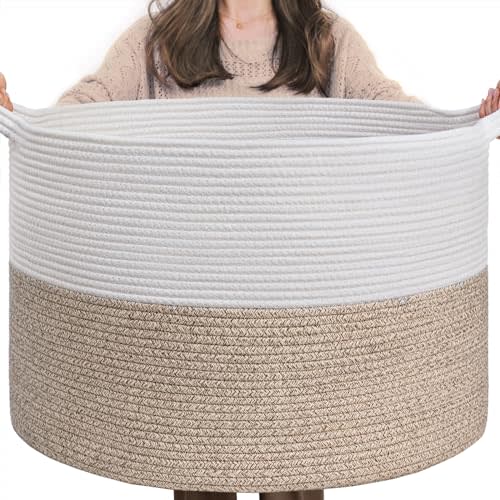 INDRESSME Large Laundry Basket, 21.7'' x 13.8'' Cotton Rope Blanket Basket Living Room Toy Baskets Storage Kids, Woven Baskets for Dirty Clothes, Pillows, Towel, 90L Light Brown