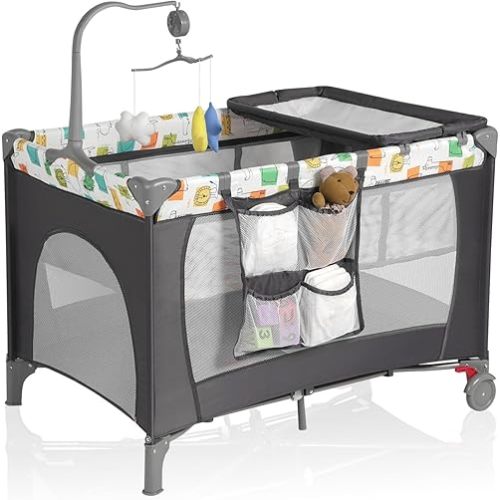 Pack and Play with Changing Table & Carry Bag, 4-in-1 Portable Crib Playpen for Newborn to Toddler, ASTM Certified Foldable Travel Crib with Bassinet(B-Grey)