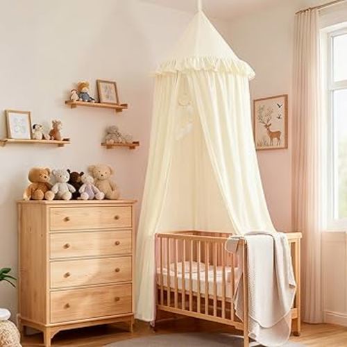 Akiky Kids Bed Canopy for Crib & Twin Size with Ruffles Dreamcatcher, Princess Girls Nursery Room Decor Toddler Baby Dome Round Hanging Tent Curtains Skirt Over Bed Reading Nook Play Tents Ivory