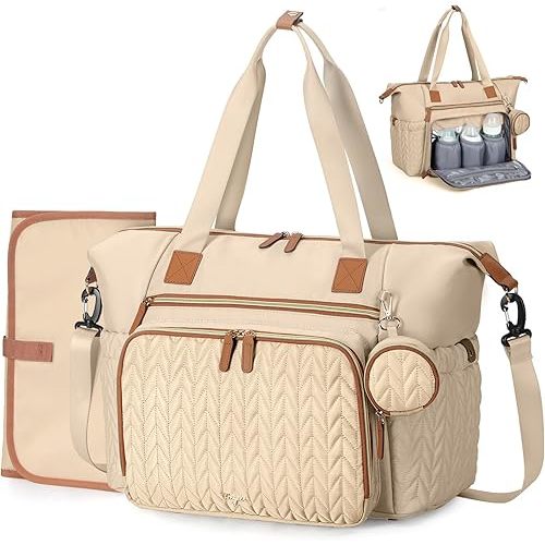 Diaper Bag Tote, Large Baby Diaper Bags Waterproof, Hospital Bag for Labor Delivery with Pacifier Case, Changing Pad, Shoulder Strap, khaki
