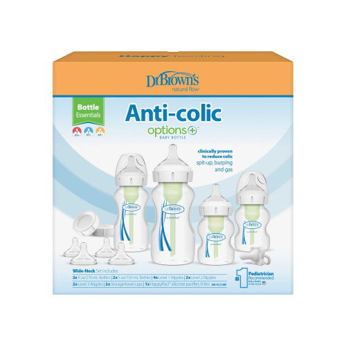 Dr. Browns Natural Flow Anti-Colic Options+ Wide-Neck Bottle Essentials Gift Set with Breast-Like Nipple, 100% Silicone HappyPaci Pacifier and Baby Bottle Travel Caps, BPA Free, 0m+