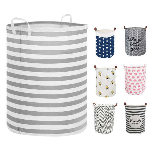 Furrygo Large Laundry Hamper, Waterproof Canvas Laundry Basket, Collapsible Storage Basket Bin for Kids Room, Toy Organizer, Nursery Hamper, Clothes Hamper, Gray Stripes