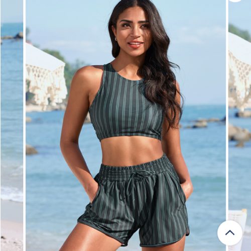 Deep Green Striped Crossback Sporty Bikini Top with Boy Short Set