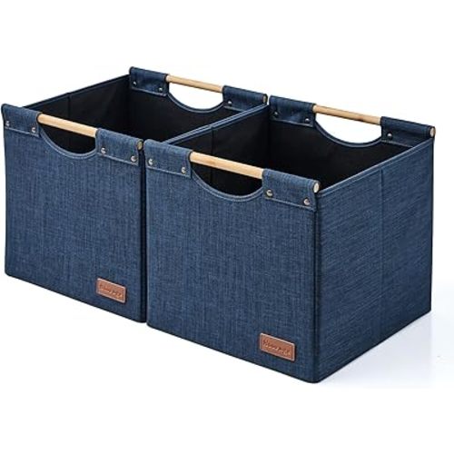 KAKAMAY Collapsible Cube Storage Bins 15x13x13 Inches Dark Blue 2-Pack, Foldable Storage Organizer Wooden Handles Fabric Baskets for Living Room Shelves, Bedroom Nursery Closet Toys, Clothes, Laundry