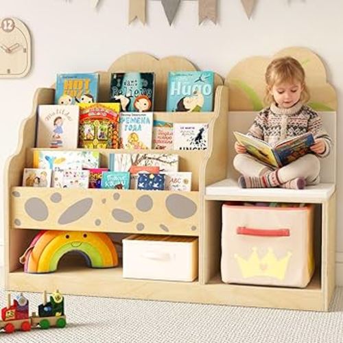 wingyz 4-in-1 Wooden 3-Tier Kids Bookshelf with Reading Nook Cushioned Bench Seat, Montessori Toy Storage with Book Shelf for Kids Rooms Nursery Playroom Living Room Classroom Preschool Gift