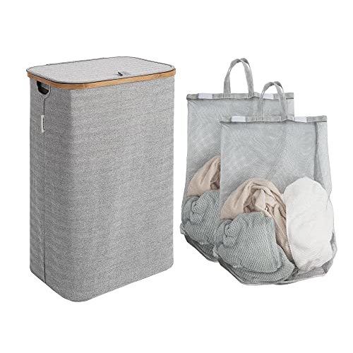 StorageWorks Large Laundry Hamper with Lid, 100L Tall Laundry Basket with Bamboo Handles and 2 Removable Inner Bag, Collapsible Laundry Hamper for Clothing, Toys, Towels, Grey, 1-Pack