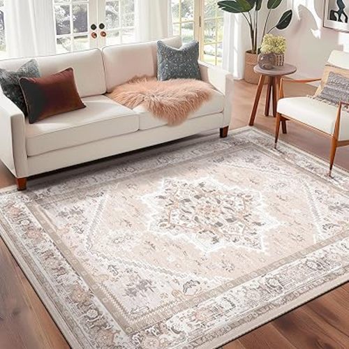 BESTSWEETIE 6x9 Area Rugs for Living Room Washable Non Slip Carpet Low Pile Soft Vintage Print Pattern Rug for Bedroom Dining Room Kitchen Entryway Indoor-Light Pink