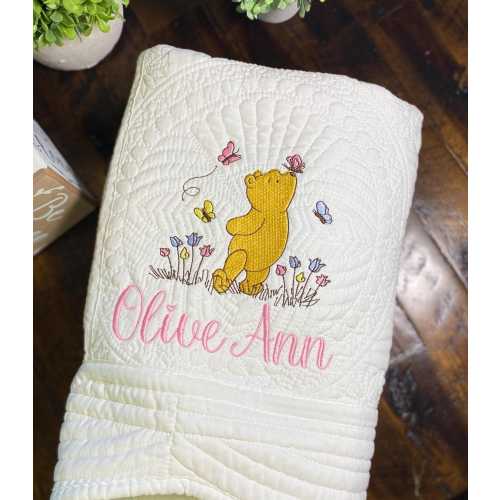 Classic Winnie-The-Pooh Personalized Embroidered Heirloom Baby Quilt, Nursery Bedding, Bear Name Blanket, Shower Gift, Newborn Baby Gift