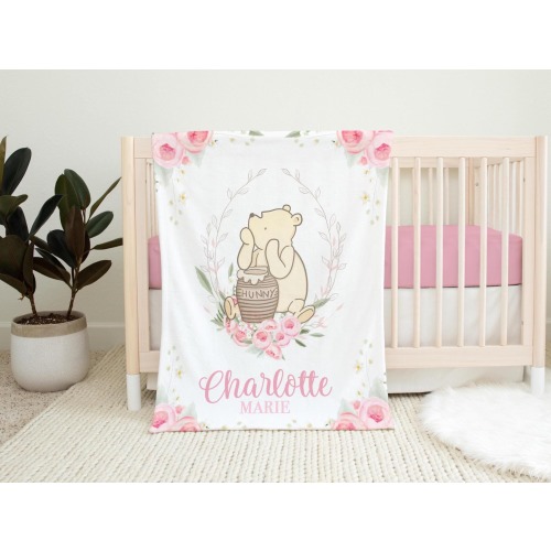Girl Winnie the Pooh Blanket, Personalized Winnie the Pooh Blanket,  Classic Pooh Bear Name Blanket - Girl Birthday Gift Baby Shower  SB606