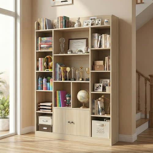 DIYART 63" Tall Oak Bookshelf with 14 Cubbies & 2 Cabinets, 5-Tier Large Bookcase, Freestanding Storage Shelf for Living Room, Study, Hallway, Home Office (41.3" W x 63" H)