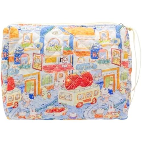 PAZIMIIK Cotton Makeup Bag for Women Large Quilted Travel Cosmetic Pouch Girls' Make Up Organizer,Little Bunny