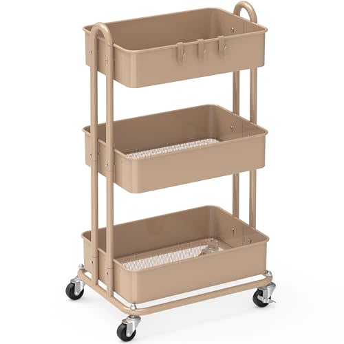 Simple Houseware 3-Tier Heavy Duty Metal Utility Rolling Cart, Khaki
