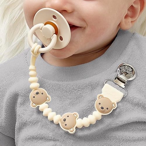 Itzy Ritzy Silicone Pacifier Clip – 100% Food Grade Silicone Pacifier Strap with Clip Keeps Pacifiers, Teethers & Small Toys in Place – Features One-Piece Design, Bear Character & Silicone Cord (Bear)
