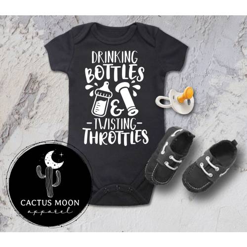 Drinking Bottles and Twisting Throttles Baby Bodysuit or Toddler T-Shirt, Dirt Bike Motocross BMX Moto Kid Sprint Car Drag Race Day