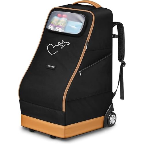 YOREPEK Foldable Car Seat Travel Bag with Wheels, Rolling Gate Check Carseat Bags for Air Travel, Padded Car Seat Carrier For Airport, Clear Pocket for Baby Travel Essentials