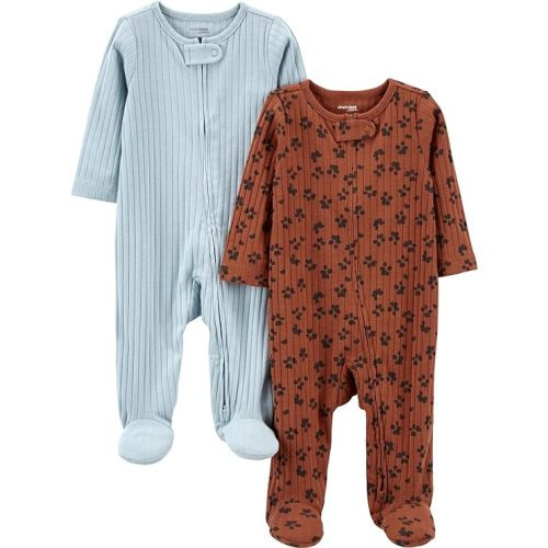 Simple Joys by Carter's Unisex Baby 2-Pack 2-Way Zip Textured Sleep and Play - 3-6 Months - Blue/Brown Animal Print