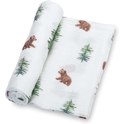 LollyBanks Swaddle Blanket, 100% Cotton Muslin Swaddle Blankets for Boys and Girls, Large 47 x 47 Inches Newborn Swaddle Receiving Blanket, Breathable Baby Blanket, Registry (Baby Bear Cub Theme)