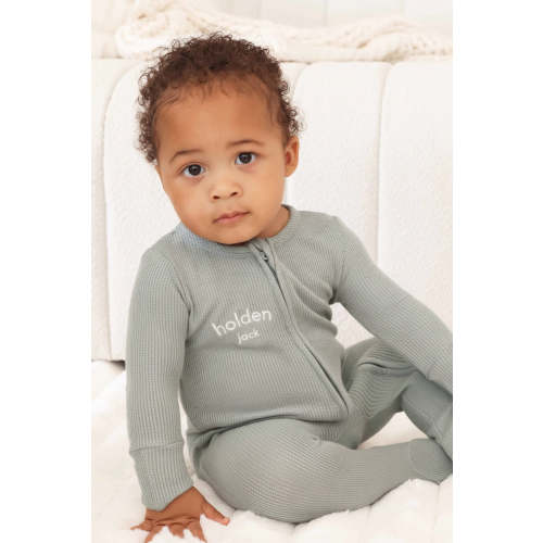 Embroidered Bamboo Waffle Zipper Footies in Mountain Haze | Caden Lane