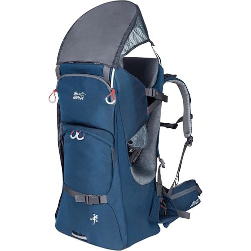 WIPHA Baby Backpack Carrier - Ergonomic Child Carrier Hiking with Sun Canopy, Safe Toddler Hiking Backpack Carrier with Large Storage Space&Insulated Pocket, Adjustable Padded Child Seat, Navy Blue