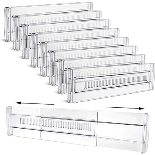 Drawer Dividers, 8 Pack Adjustable Drawer Organizers 3.2" High Expandable from 11.3-20" Clear Expandable Dresser Organizer for Clothes Kitchen Utensils Cutlery Drawer Organizers Set