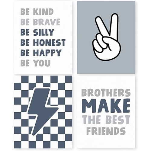 HRQKO Boys Room Wall Art Poster Prints Set of 4, Brothers Make The Best Friends Printing Posters Wall Decor, Boys Rules Affirmations Prints for Bedroom Playroom 8”x10” Unframed(blue3)