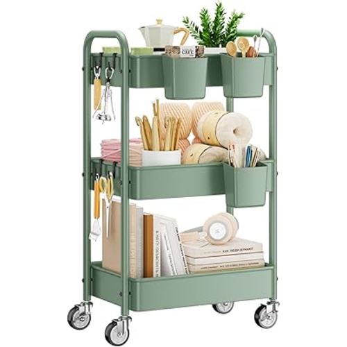 YASONIC 3-Tier Rolling Cart, Green, 66 Pounds Capacity, Mesh Storage Organizer with Lockable Wheels, 3 Hanging Cups, 4 Hooks, Easy Assembly, for Kitchen, Bathroom, Laundry, Grocery