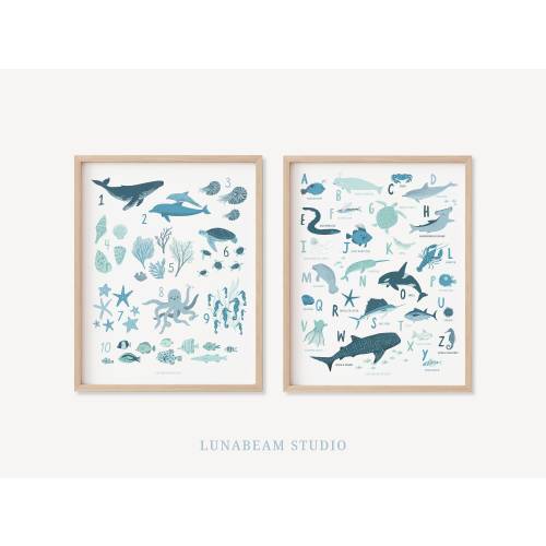 Ocean Alphabet Set of 2 - Beach Alphabet Poster, Sea Creatures, Blue Ocean Theme, Nautical Nursery Decor, Beach Nursery Decor, Playroom Art