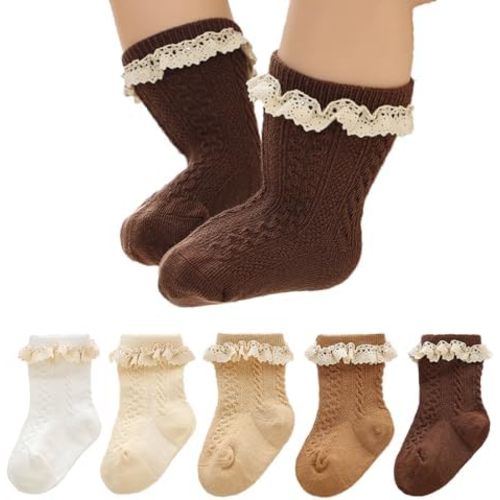 Meeshine 5 Pack Toddler Girls Ruffle Socks Eyelet Lace Trim Cotton Frilly Princess Dress Mesh Ankle Socks for 0-3T Infant