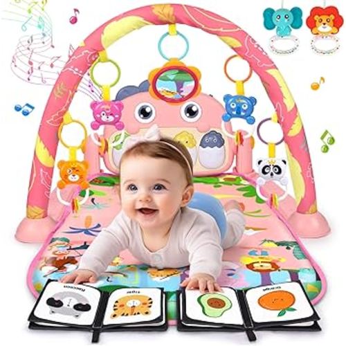 Baby Play Mat Baby Tummy Time Mat Infant Newborn Musical Activity Center with High-Contrast Piano Music & Light Newborn Baby Gift for Girl Boy Babies 0-6 6-12 Month Pink Dinosaur
