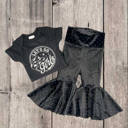 Baby Bell Bottoms Outfit/ New Years Eve Bells/ Black Flare Pants/ Glitter Diamond Toddler Flares/ Let’s Go Girls Onesie/ Black Bells/