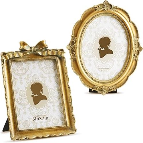 Qunclay 2 Pcs Vintage Picture Frames Antique Baroque Ornate Resin Rectangle Oval Photo Frames with Glass Front Tabletop and Wall Decor for Home Wedding Christmas Party Decor(Bronze,5 x 7 Inches)