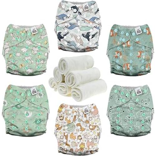 Mama Koala 3.0 Pocket Cloth Diapers for Babies with AWJ Lining, 6 Pack with 6 4-Layer Natural Cloth Diaper Inserts - Reusable and Washable Pocket Diapers (Adorable Animal)